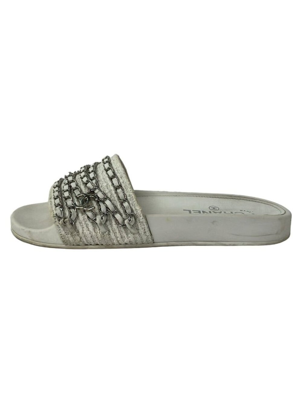 Chanel Sandals 39 White Silver Chain Cotton Leather